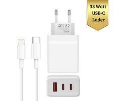 Oplader Geschikt voor iPhone Snellader 38W - Fast Charger Geschikt voor iPhone 14/13/12/11 Pro Max & iPad USB-C Adapter met Lightning Kabel – Snelle Oplader Inclusief Kabel (1M)