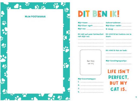 Lege pagina van een 'Mijn Pootendruk' boek met pootafdrukken en tekst.
