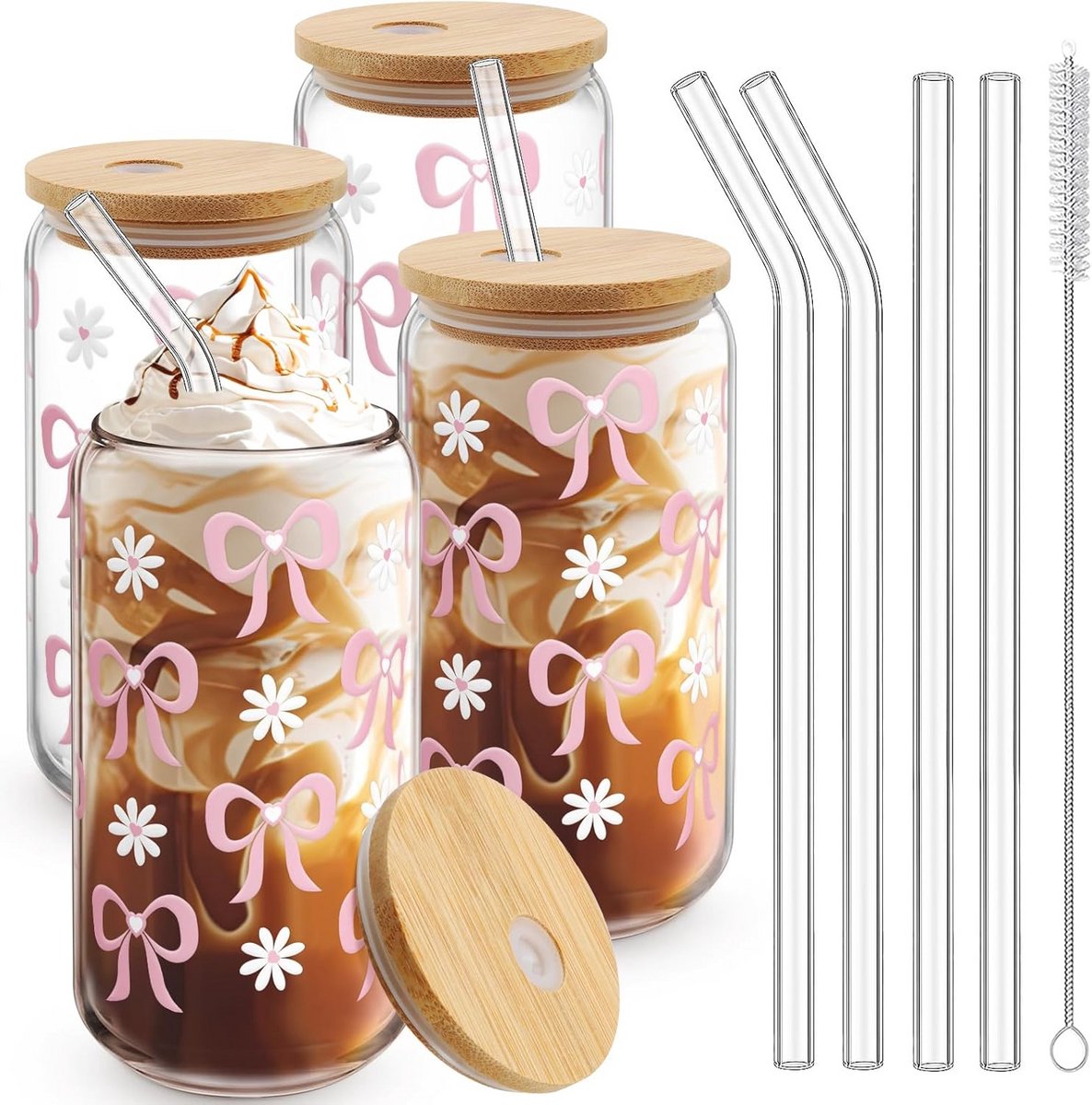 Set van 4 Glazen Drinkbekers met Strikken, Bamboe Deksel en Rietjes - 475 ml Koffiekopjes