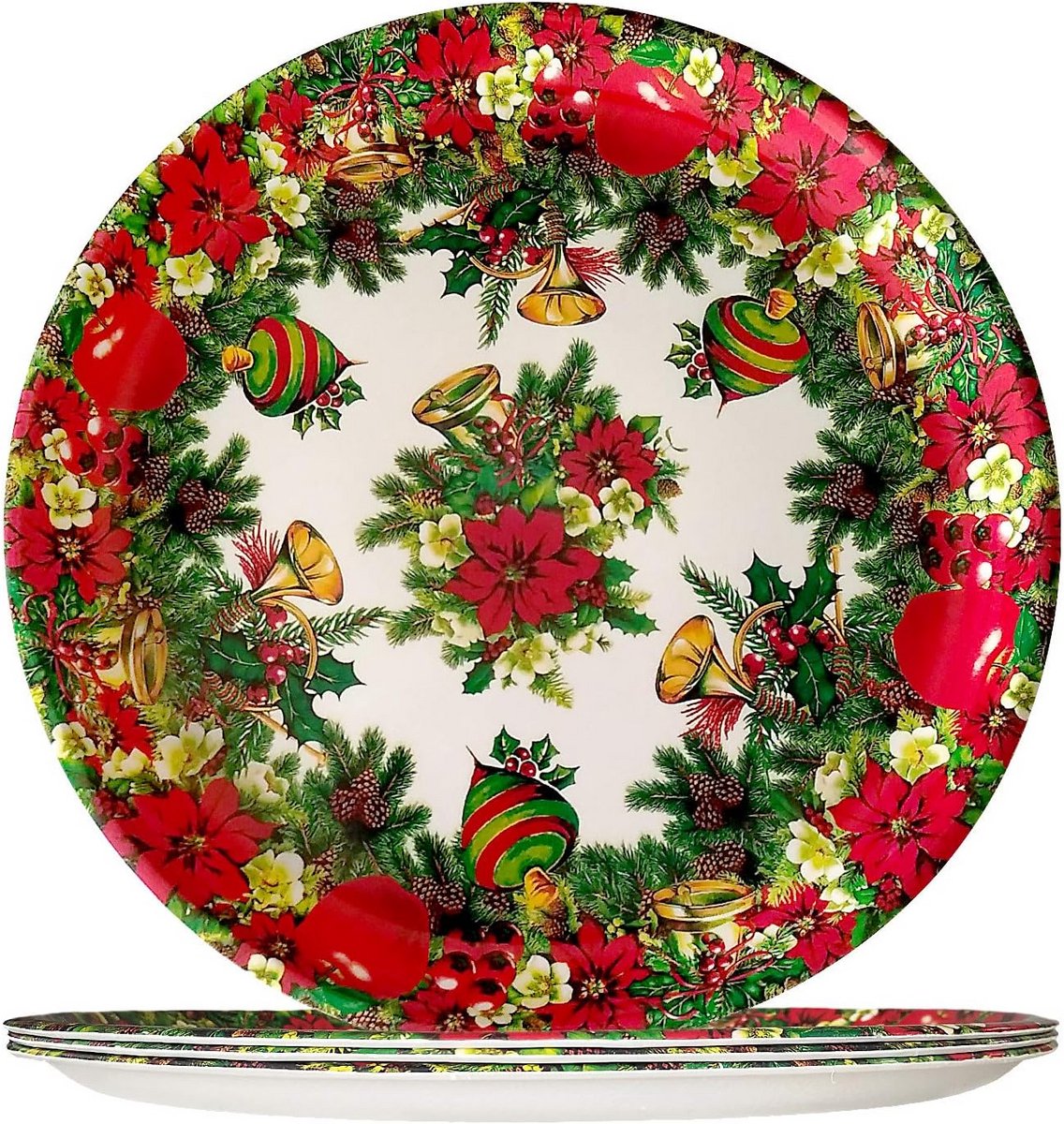 4-Delige Set Ronde Melamine Dinerborden - Vintage Feestservies met Kerstbloemen