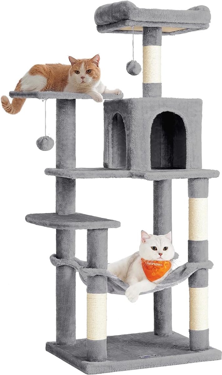 LeeuwenChoice® Katten Krabpaal Grijs 143cm - Met Hangmat - Met Kattenspeeltje - Kattenhuis - Kattenboom
