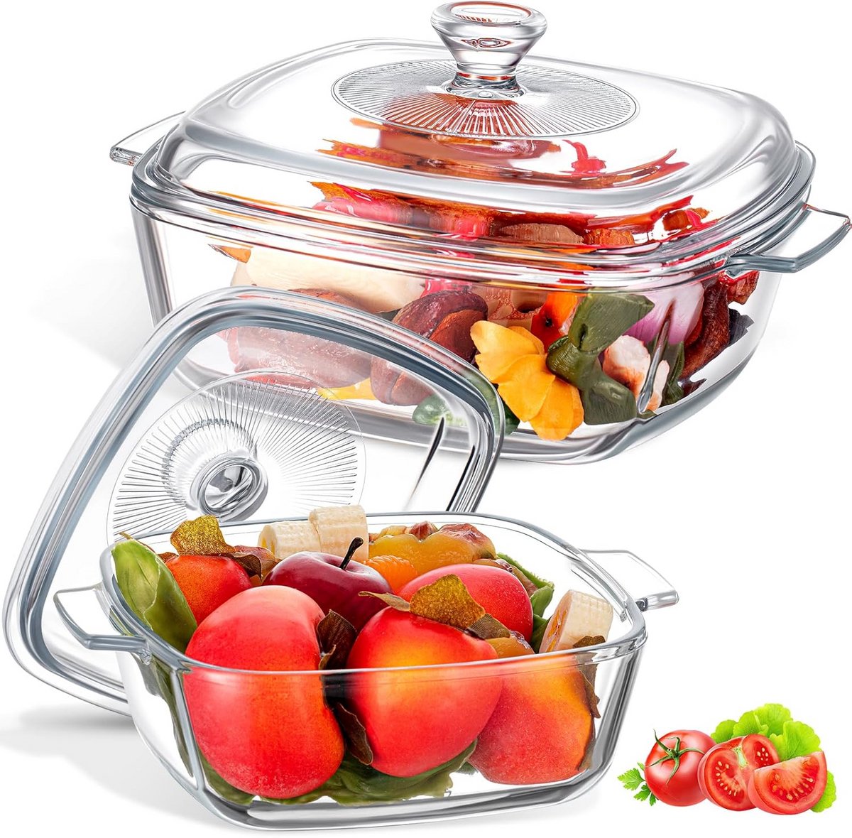 Set van 2 Vierkante Ovenschalen van Glas met Deksel en Handvat - Oven & Magnetronbestendig