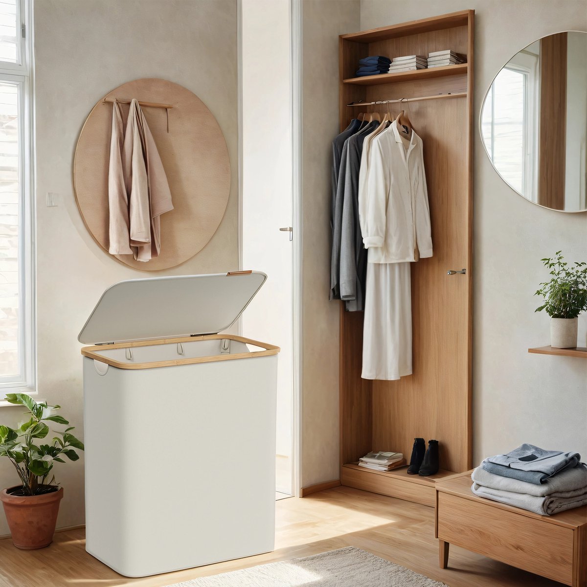 Grote wasmand – Oxford-stof – Inktzwart – 3 vakken met deksel en uitneembare mesh-voering