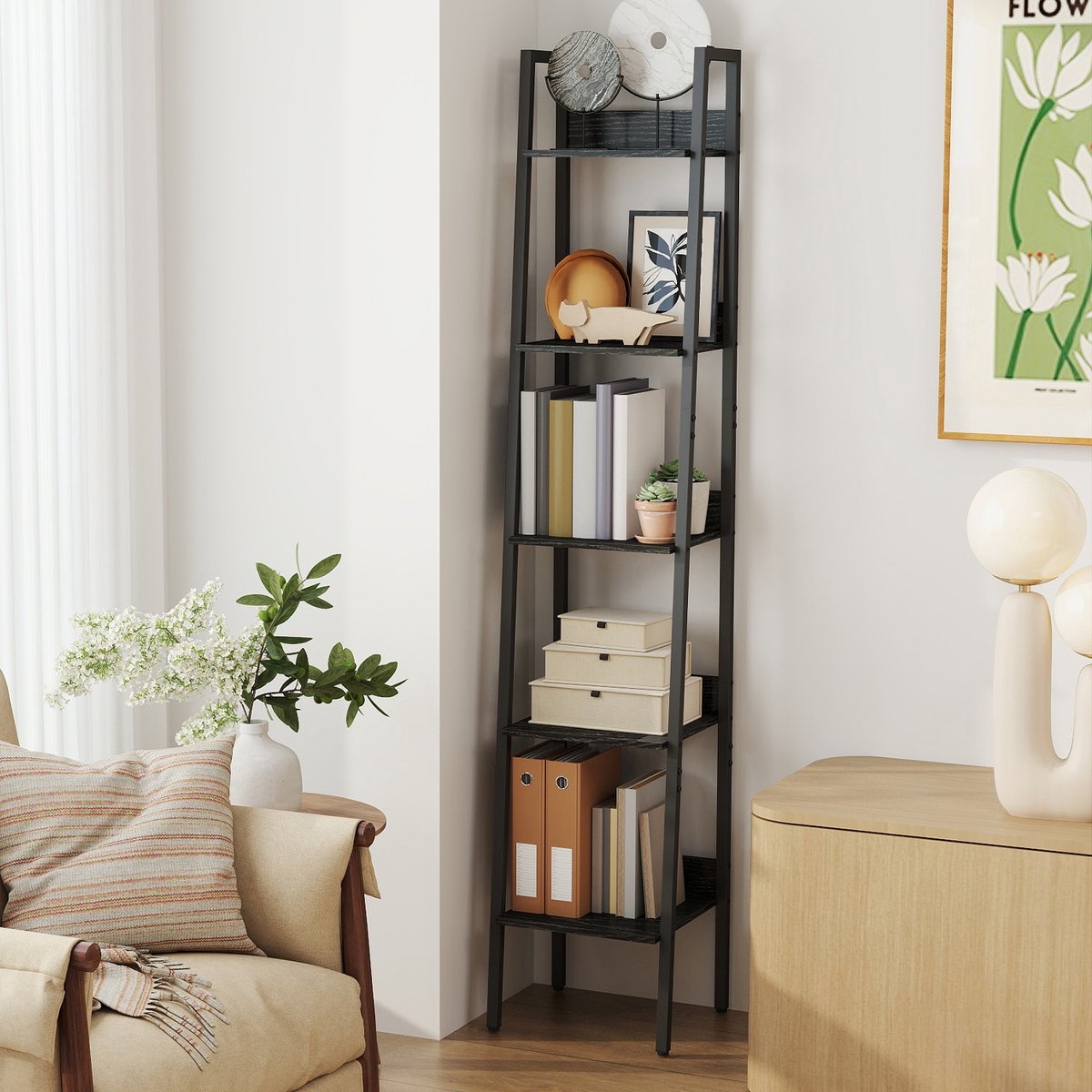 Smalle boekenplank met 5 planken – Hout – Rustiek bruin en inktzwart – Veelzijdige ladderplank voor thuis en op kantoor