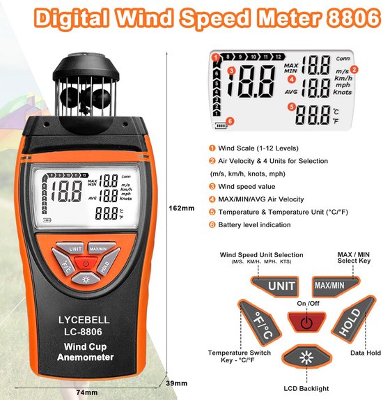 Professionele Draagbare Anemometer met 360° Windsensor - Meet Windsnelheid & Temperatuur - LCD & Kompas — afbeelding 5