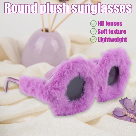 Fuzzy Ronde Zonnebril Paars - Pluche Feestbril voor Carnaval & Cosplay — afbeelding 5