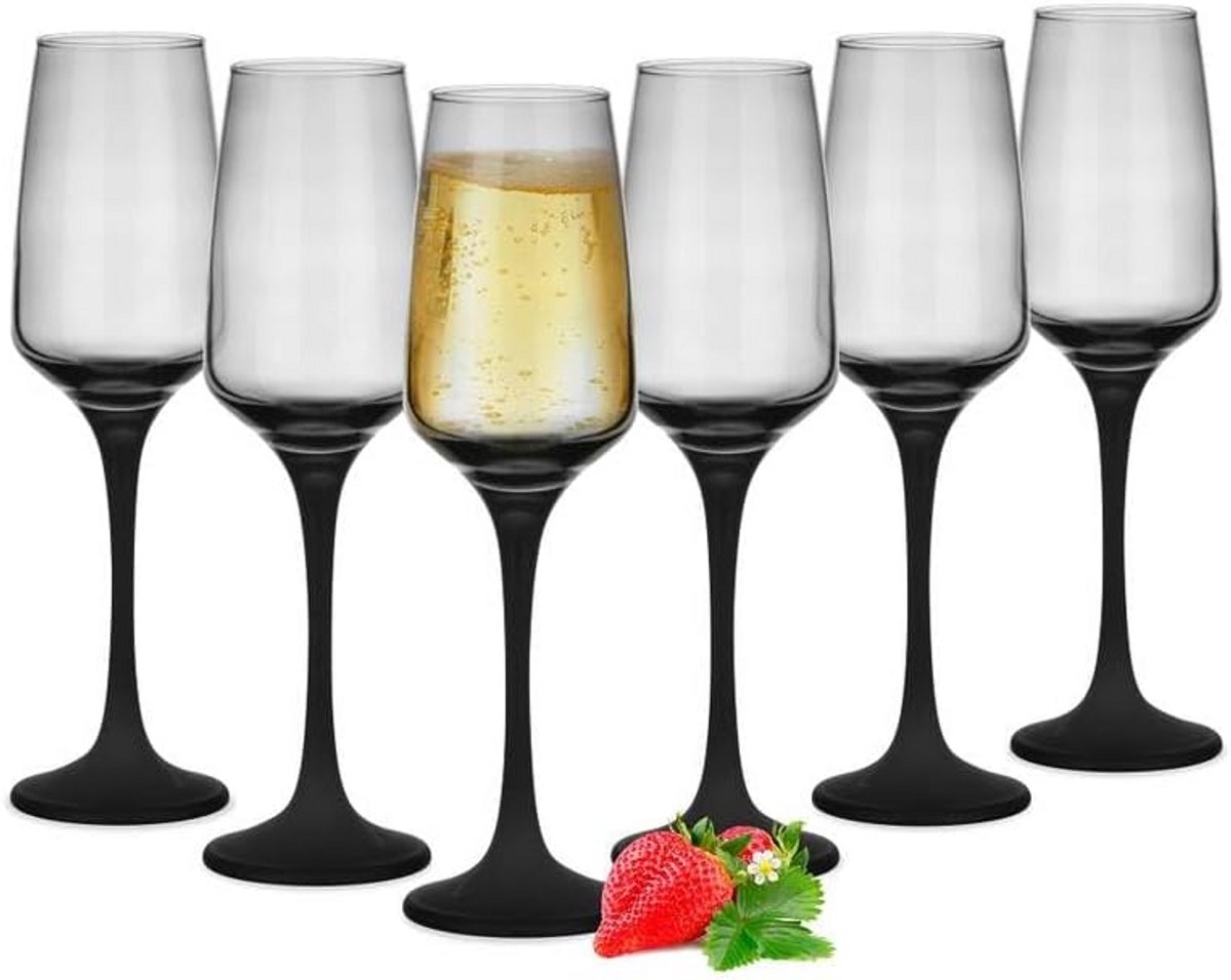 Set van 6 Champagneglazen (210 ml) met Zwarte Steel en Getinte Kelk