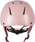 Roze rijhelm met verstelbare bandjes, kinband en ventilatie.