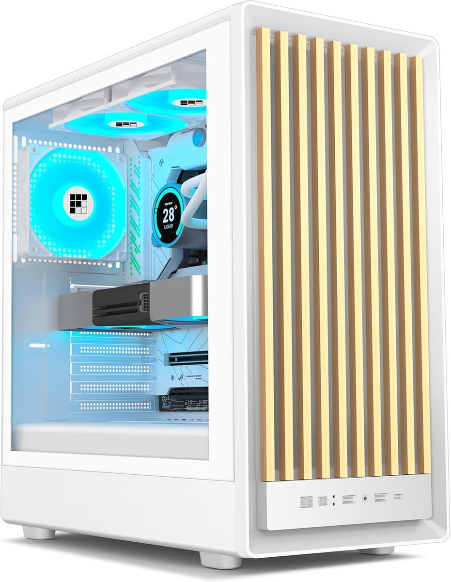 ATX Mid-Tower PC Behuizing met Walnoot Hout Detail en 4x ARGB PWM Ventilator