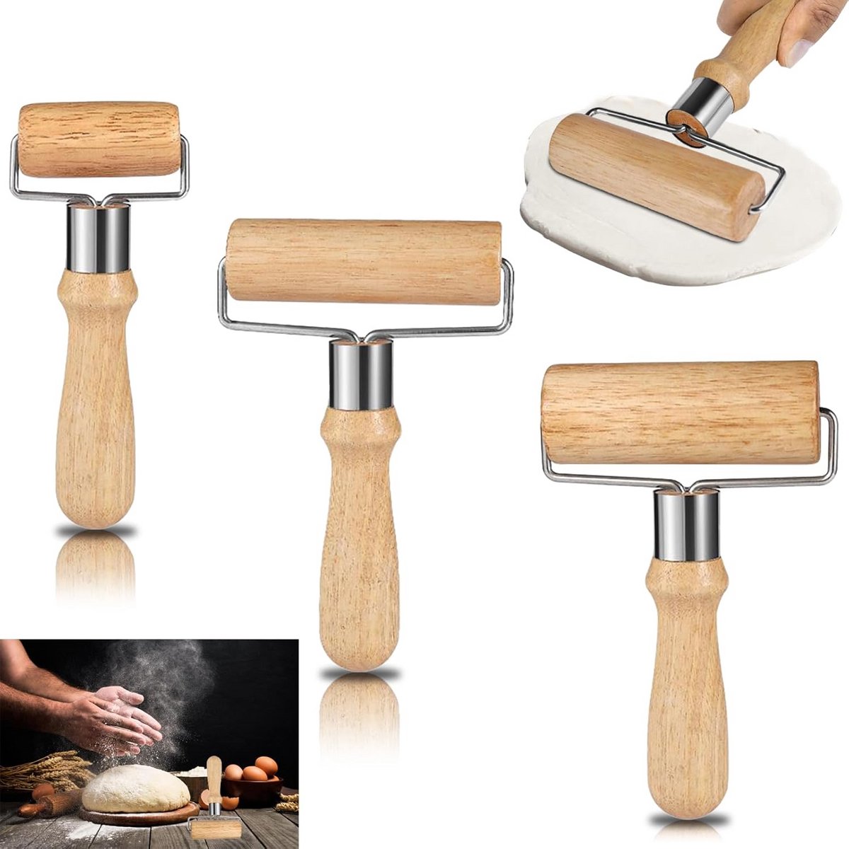 Set van 3 Houten Deegrollers voor Bakken: Pizza, Taart en Fondant