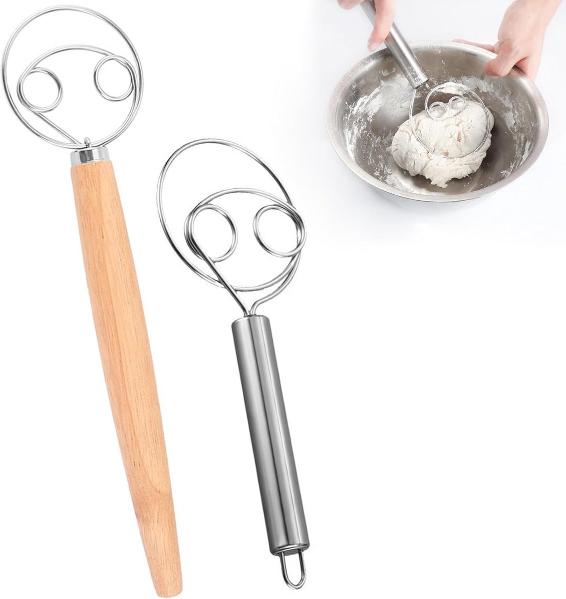Set van 2 Deense Gardes - Houten Handvat & RVS Draad voor Brood en Cake Beslag