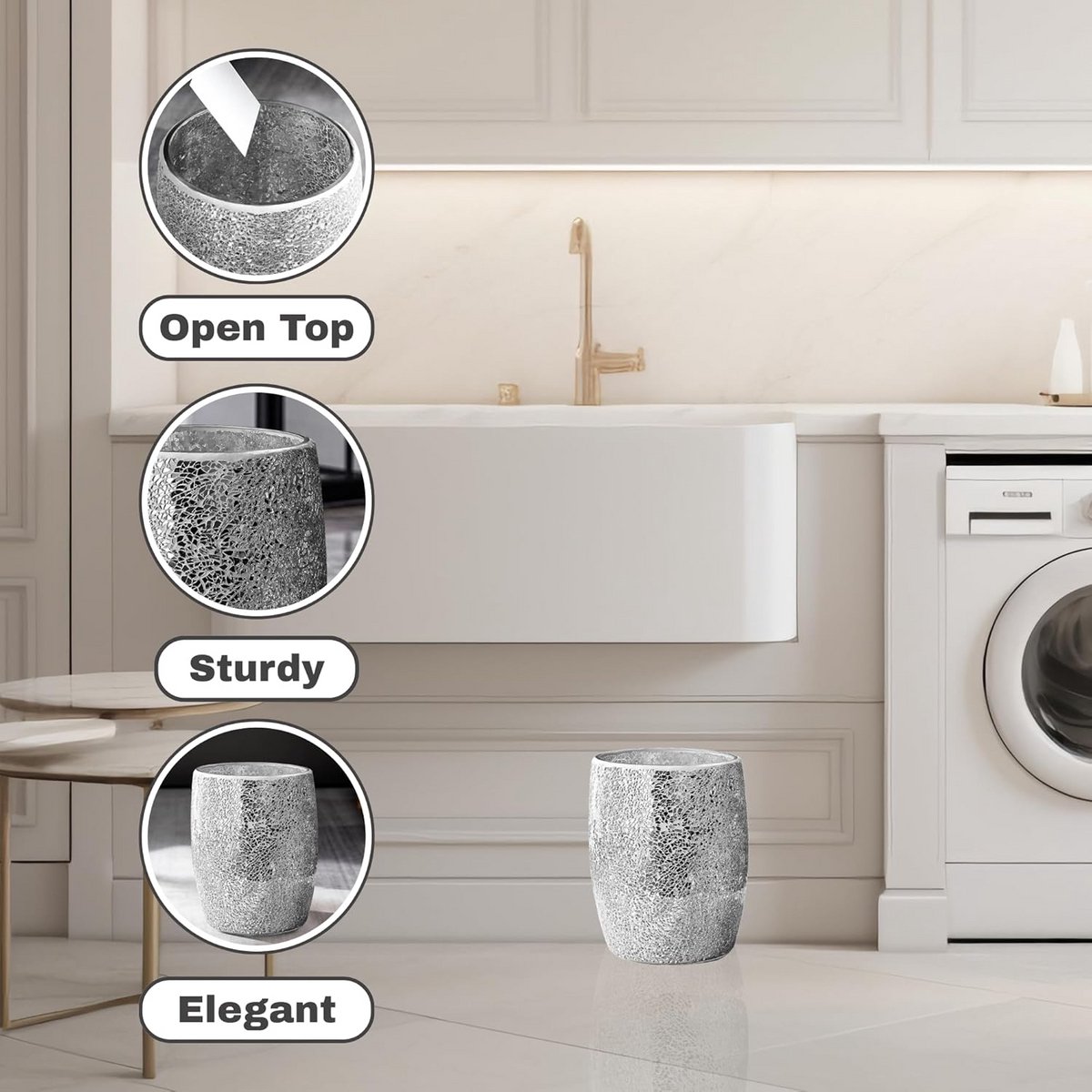 Luxe Mozaïek Glas Prullenbak 5L voor Badkamer en Kantoor | Decoratieve Kleine Zilveren Vuilnisbak