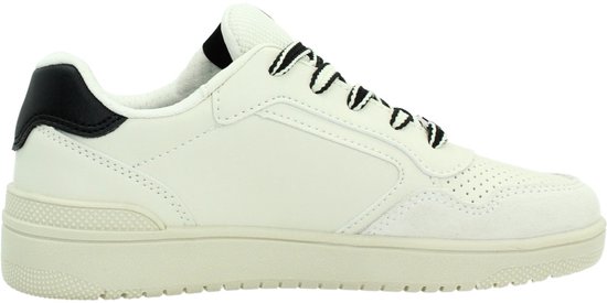 Sneaker Geox blanc avec talon noir, lacets noirs et blancs à rayures et semelle beige.