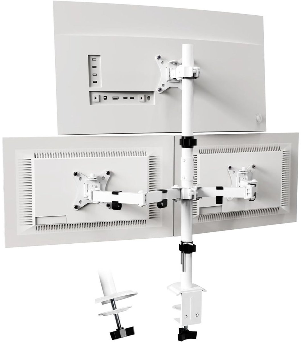 Aura® Monitorarm 3 schermen - Muurbeugel - Klemdoorvoertule - Wit - 42cm x 18cm x 16cm
