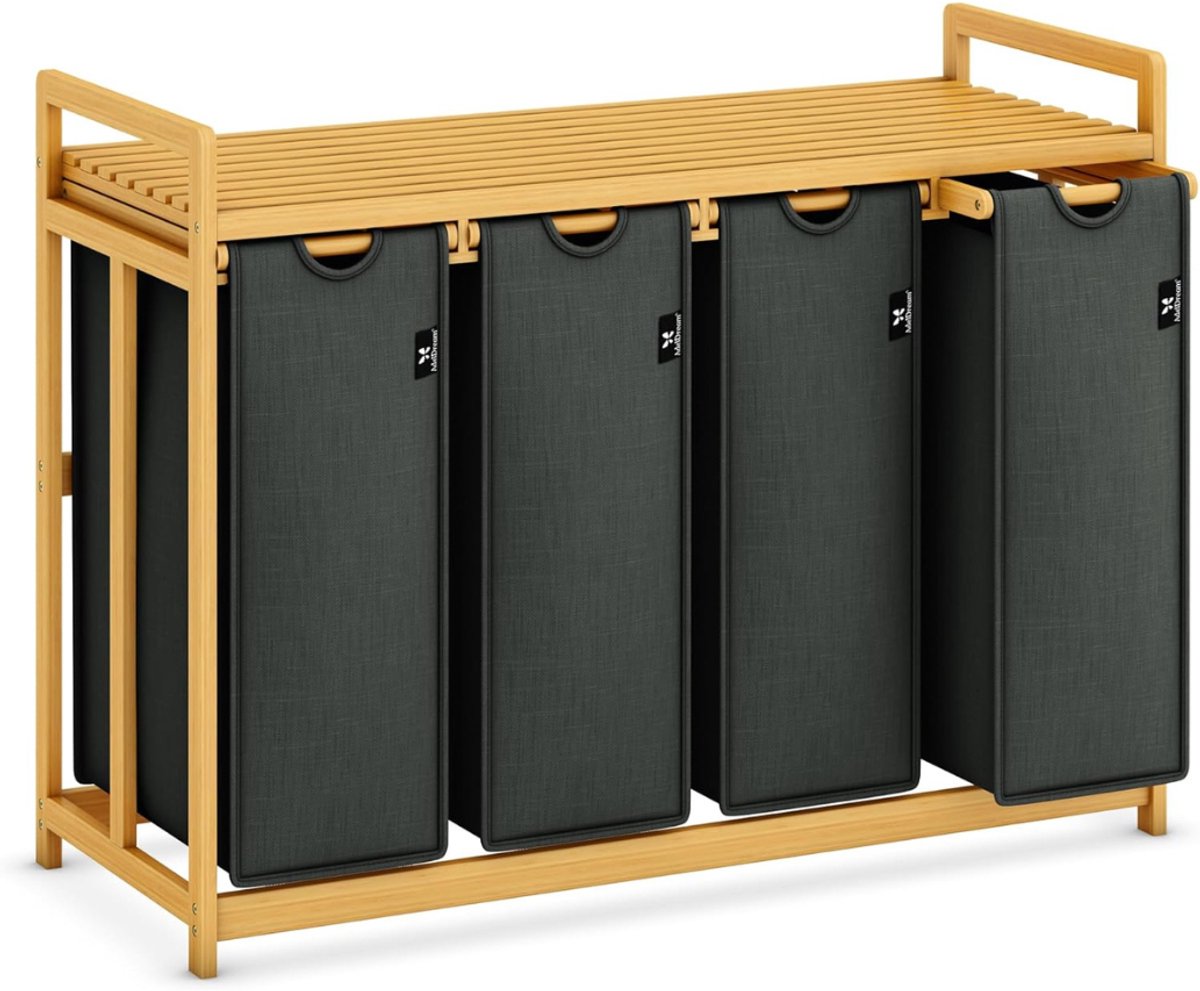Aura® Wassorteerder 4 vakken - Wasmand 4 vakken 200 Liter - Wasmand Met Opbergplank – Grijs - 103cm x 42cm x 77cm