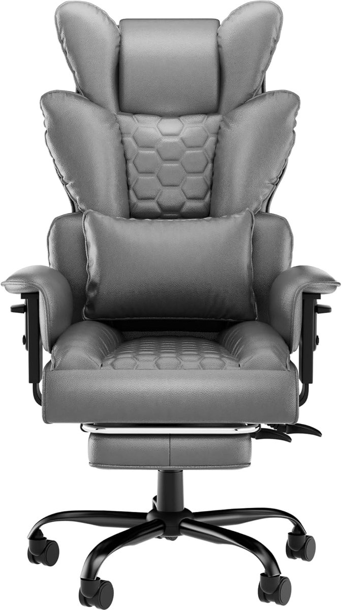 Directiestoel met Hoofdsteun, PU-Leren Rugleuning, Schuimrubberen Zitkussen, Voetsteun en Wieltjes, Stalen Frame Bureaustoelen 126-136 cm in Hoogte Verstelbaar Bureaustoel voor Thuis en op Kantoor (Grijs) NAIZY van NAIZY