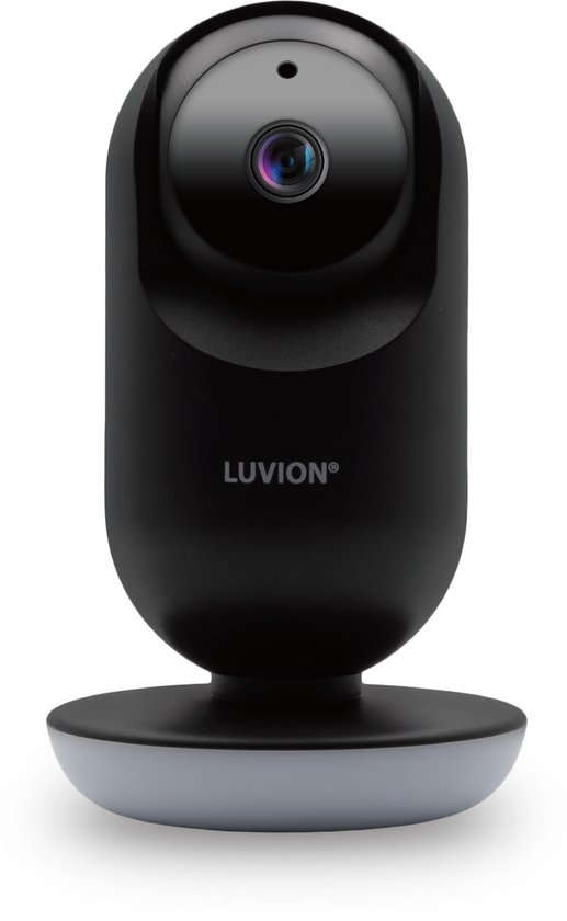 Zwarte Luvion babycamera met grijze voet, op een witte achtergrond.