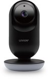 Zwarte Luvion babycamera met grijze voet, op een witte achtergrond.