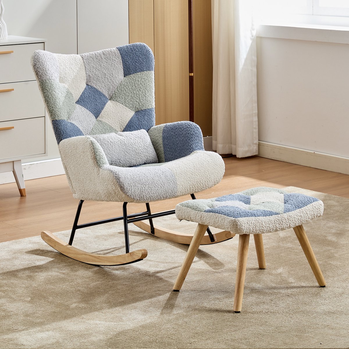 Schommelstoel met voetenbank Moderne stoffen fauteuil Gevoerde slaapbank voor woonkamer Slaapkamer Kantoor (Patchwork kleur)