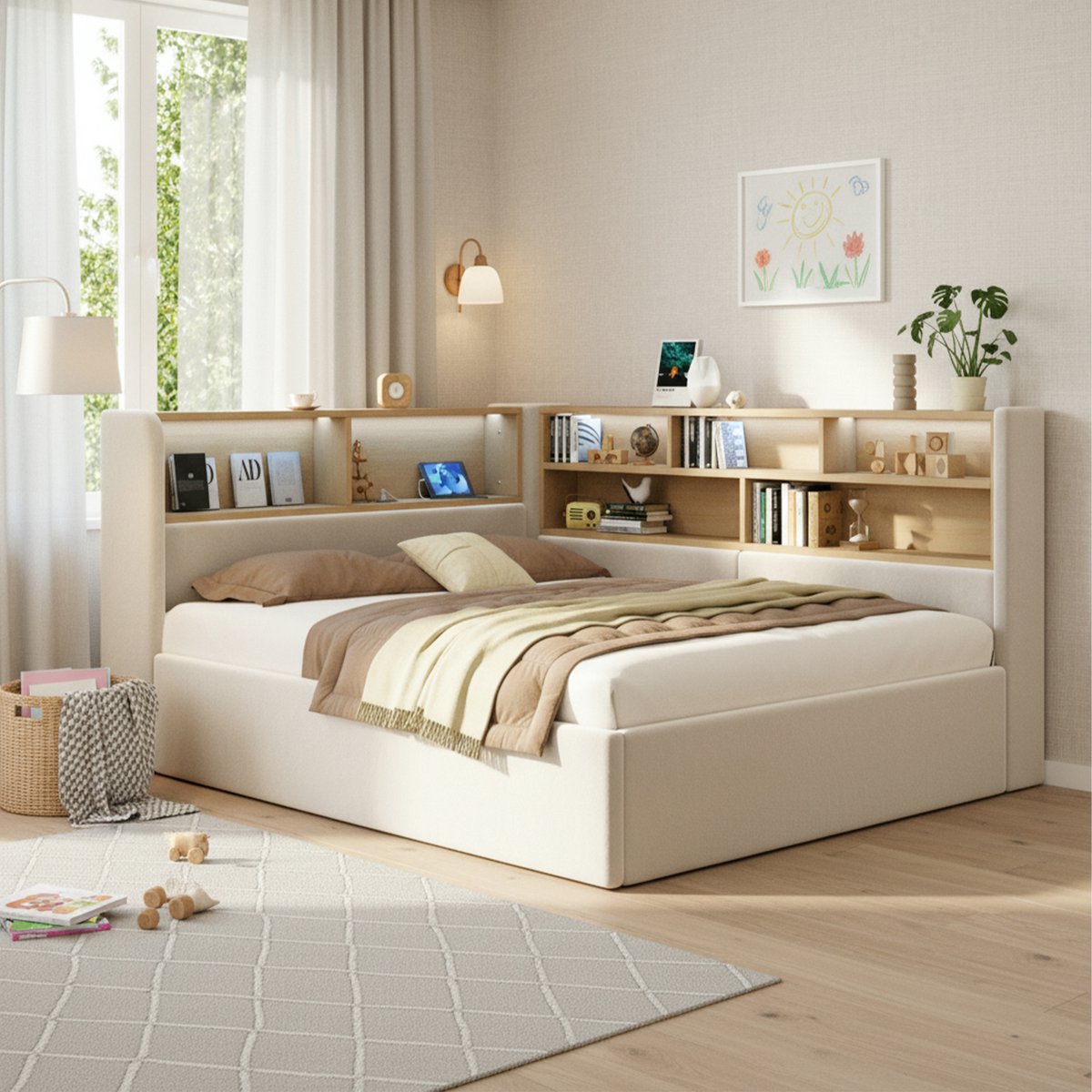 STILVORA Gestoffeerd Bed 140x190 cm – Hydraulische Opbergruimte – Ledverlichting En Oplaadpoorten – Zonder matras – Fluweel – Beige