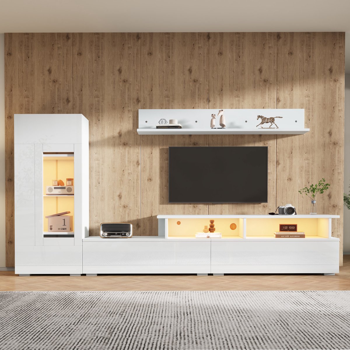 Sweiko TV-kast set - LED Verlichting - Hoogglans - Vitrinekast - Hangende Planken - Acryldeur - Wit