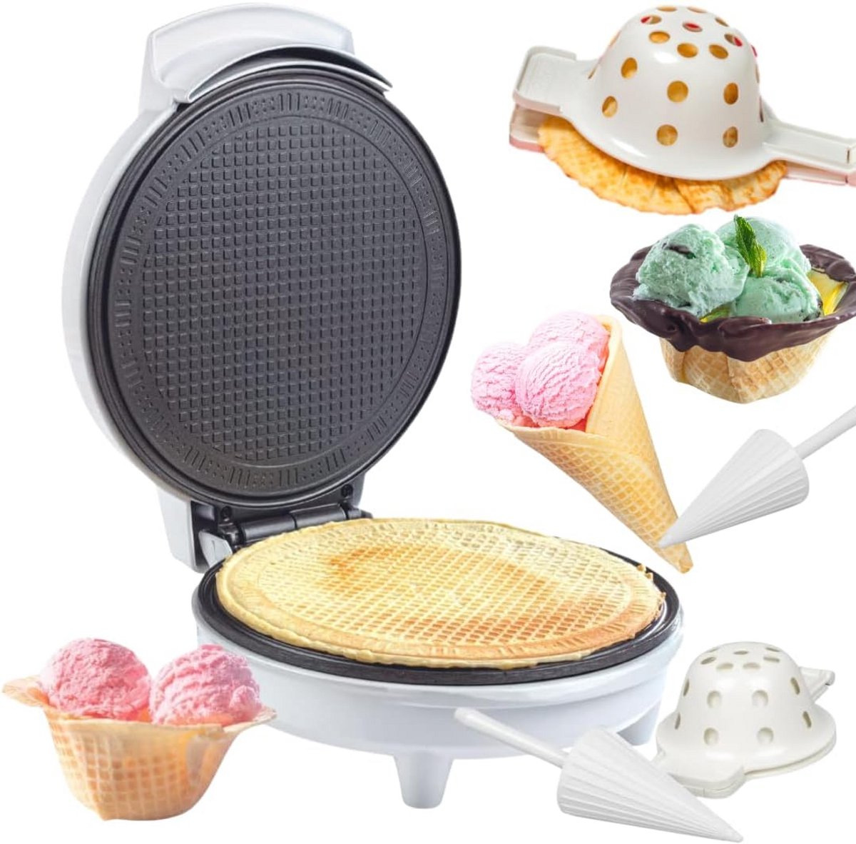 Wafelijzer en Schaalmaker voor IJshoorntjes en Wafels