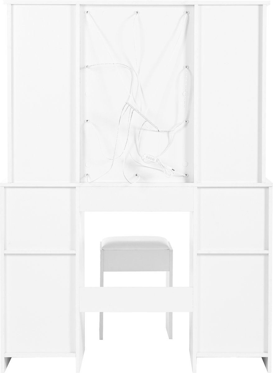 Grote Schminktafel, Make-up Tafel met Verstelbare LED-Verlichting, inclusief Spiegel en Schminktafel Kruk, 3 Lades en 2 Deuren, Slaapkamer Wit, Afmetingen: H151 cm × B110 cm × D40 cm
