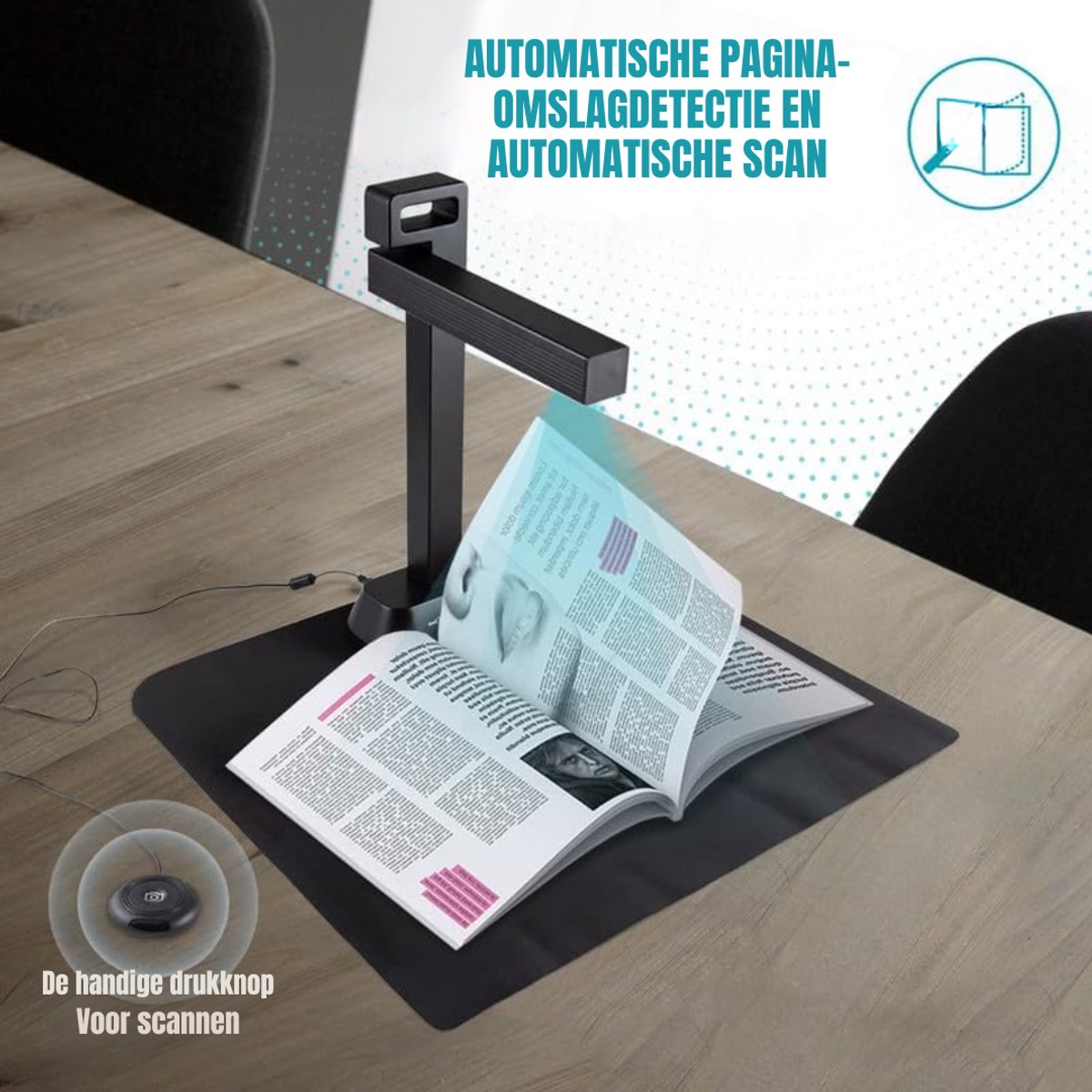 Aura® Smart Boekenscanner - Documentenscanner via USB – Scanner – Document Camera - Zwart - 12cm x 9cm x 40cm thumbnail 3