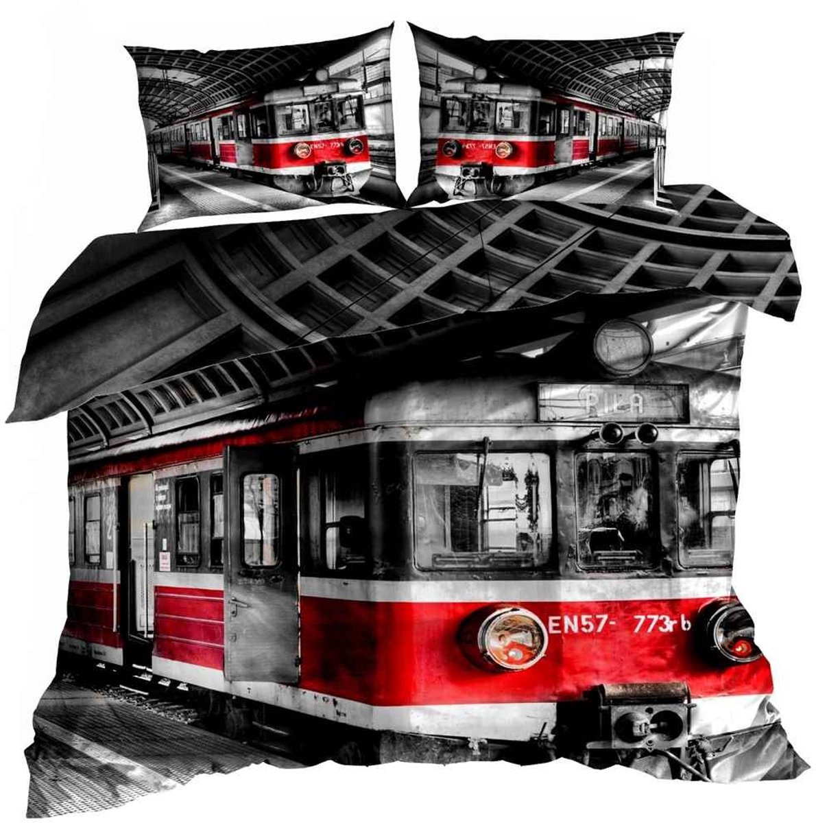 Luxe 3D Dekbedovertrekset - Katoen Satijn - 200x220 cm - Inclusief 2 Kussenslopen 70x80 cm - Design: Rode Trein - Railway Station - Industrieel & Modern