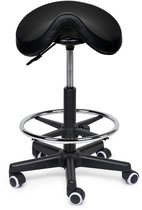 Premium Zadelkruk / Kapperskruk Zwart – Ergonomische Zadelstoel met 4 cm Koudschuim Zitting In Hoogte Verstelbaar - Laag (40-57cm) / Met voetsteun / Standaard wielen