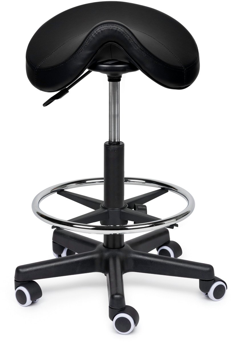 Ergonomische Zadelkruk Comfort Zwart op Wielen Laag (40-57cm) / Met voetsteun / Standaard wielen