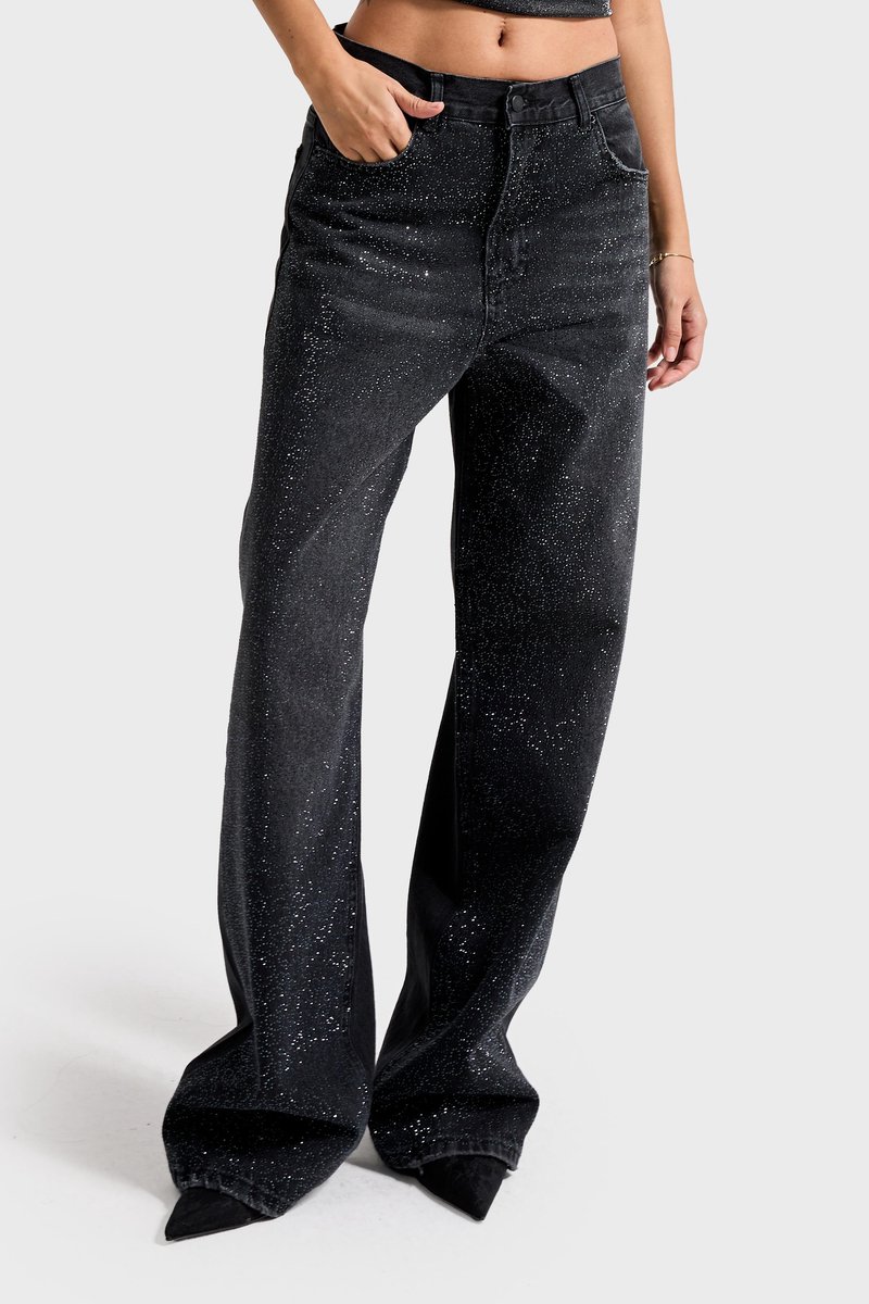 It's Basic - RHINESTONE MID RISE LOOSE JEANS - JET BLACK
