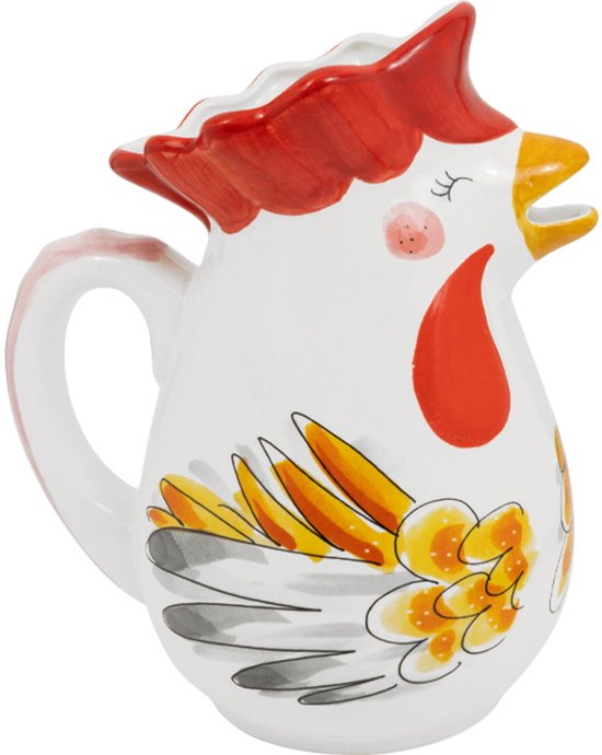 Witte karaf in de vorm van een haan, met rode kuif, oranje en gele veren en roze wang