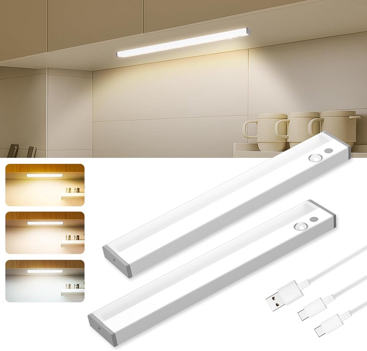Oplaadbare LED Kastverlichting met Bewegingssensor - 3 Lichtkleuren & Dimbaar - Set van 2