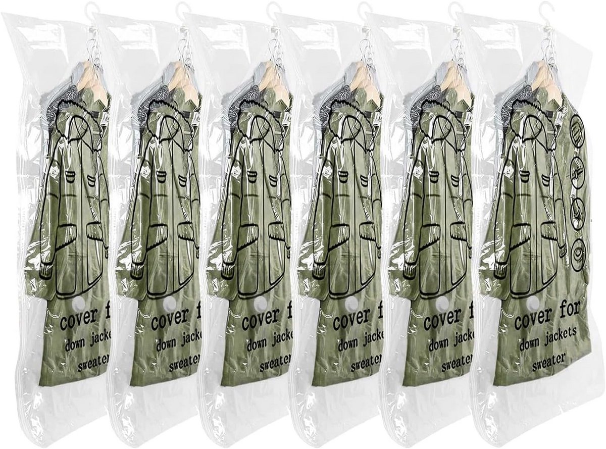 6 Extra Lange Hangende Vacuümzakken voor Kleding Kastopslag ruimtebesparing