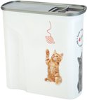 Witte voedselcontainer met grijze deksel, met afbeeldingen van twee katjes die met een bolletje wol spelen.
