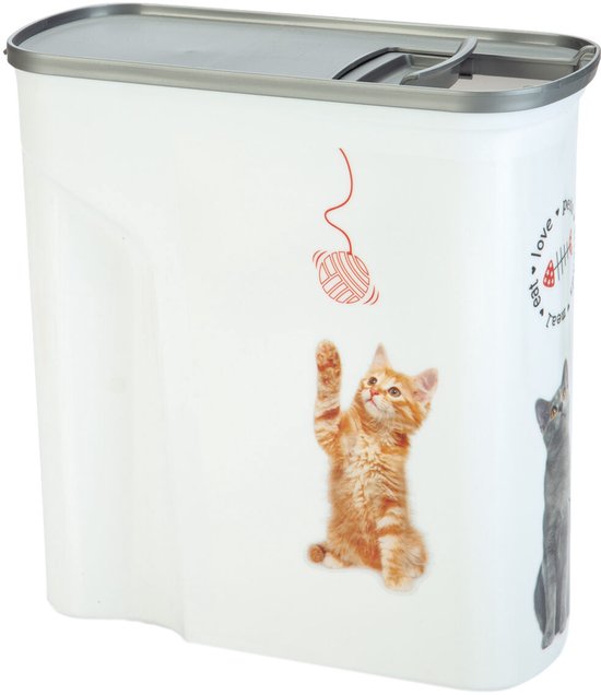 Witte voedselcontainer met grijze deksel, met afbeeldingen van twee katjes die met een bolletje wol spelen.