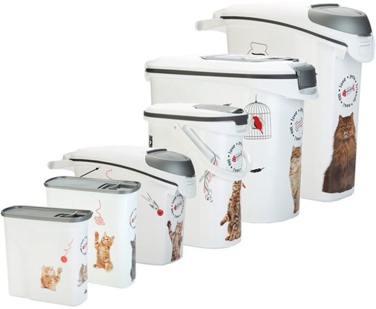 Set van vijf witte voedselcontainers van verschillende formaten, elk met kattenafbeeldingen en grijze deksels.