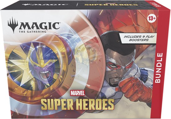 Magic The Gathering Marvel Super Heroes bundle met Captain America's schild, Falcon en een schurk.