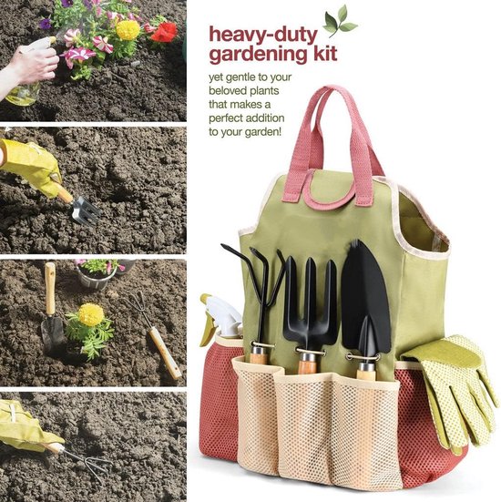 Professionele Tuingereedschap Set - 9-Delig - Inclusief Opbergtas, Snoeischaar & Tuinhandschoenen - Ergonomische Houten Handgrepen - Tuinier Cadeau - Groen — afbeelding 5