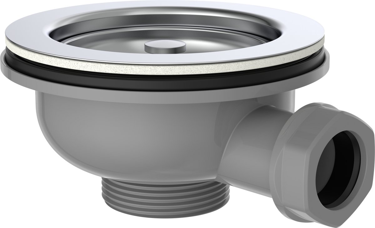 KIRCHHOFF ECO-SAVE KS korfventiel, Grijs, 1 1/2"BU, RVS-ontruimingskelk en zeef Ø114 mm, met 1" overloop aansluiting