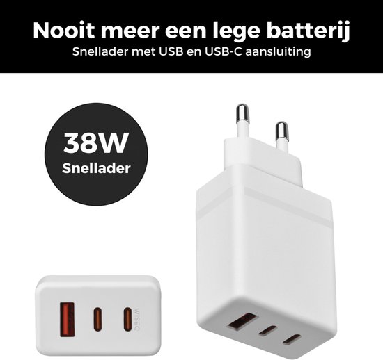 Witte 38W snellader met USB en USB-C poorten. Compact formaat met 3 poorten voor snelladen. Beschikbaar met USB en USB-C aansluiting.