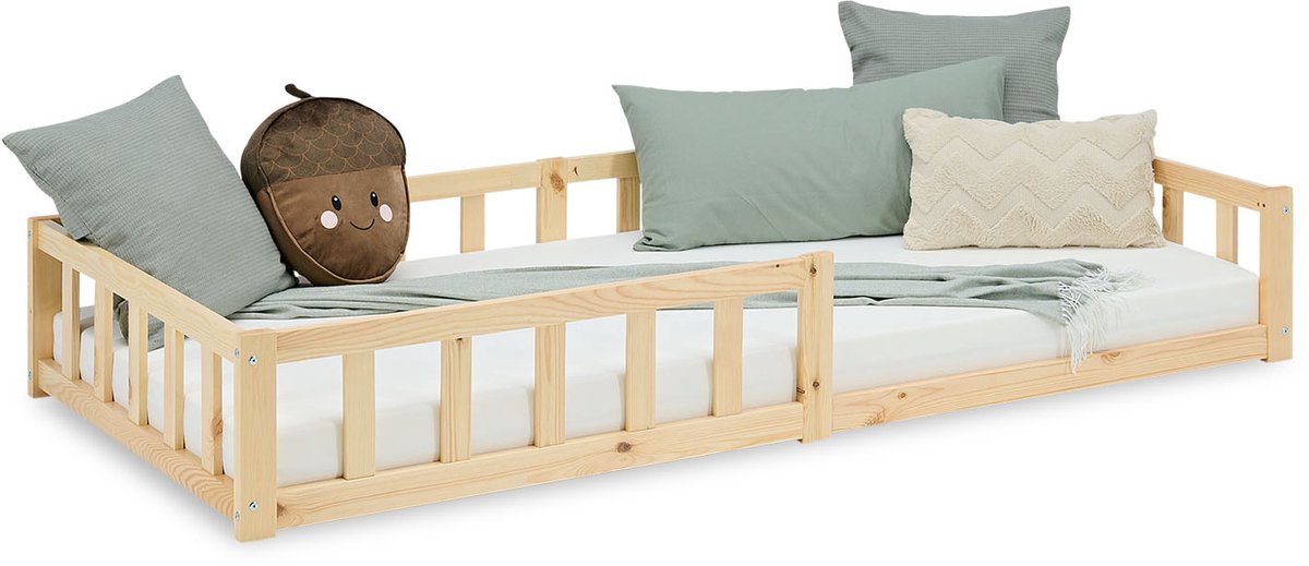 Homestyle4u Kinderbed 90x200 cm - Vloerbed met valbeveiliging - Natuur Natuurlijke Kleuren