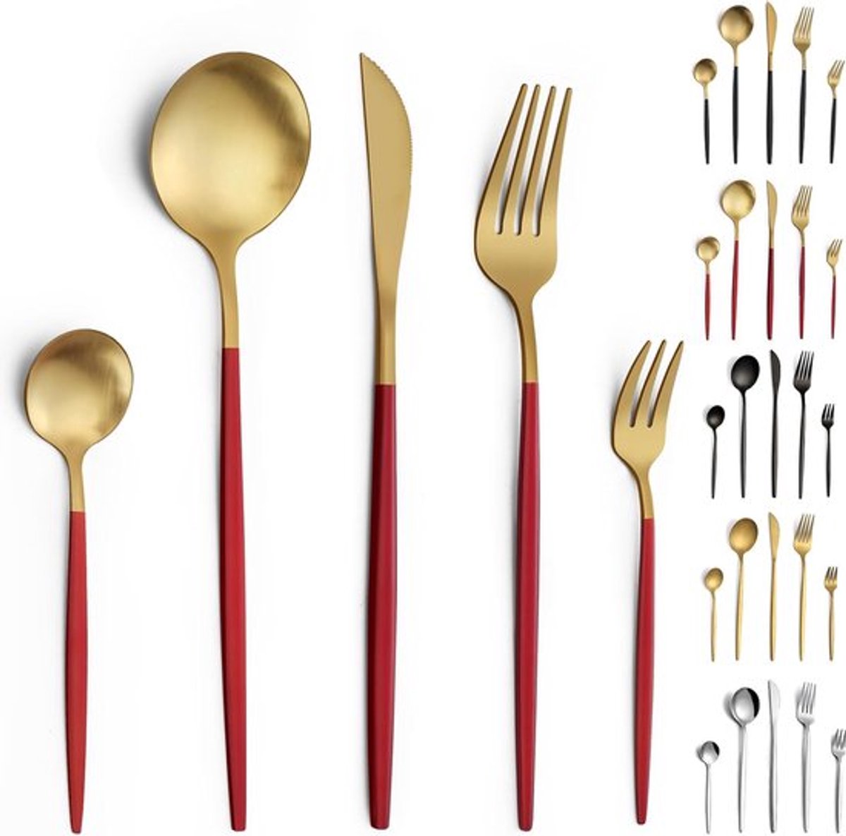 Candala bestekset, 30-delige bestekset 6 personen, roestvrijstalen bestekset, bestek goud en rood mat, besteksets, bestek met mes, vork, lepel, vaatwasmachinebestendig