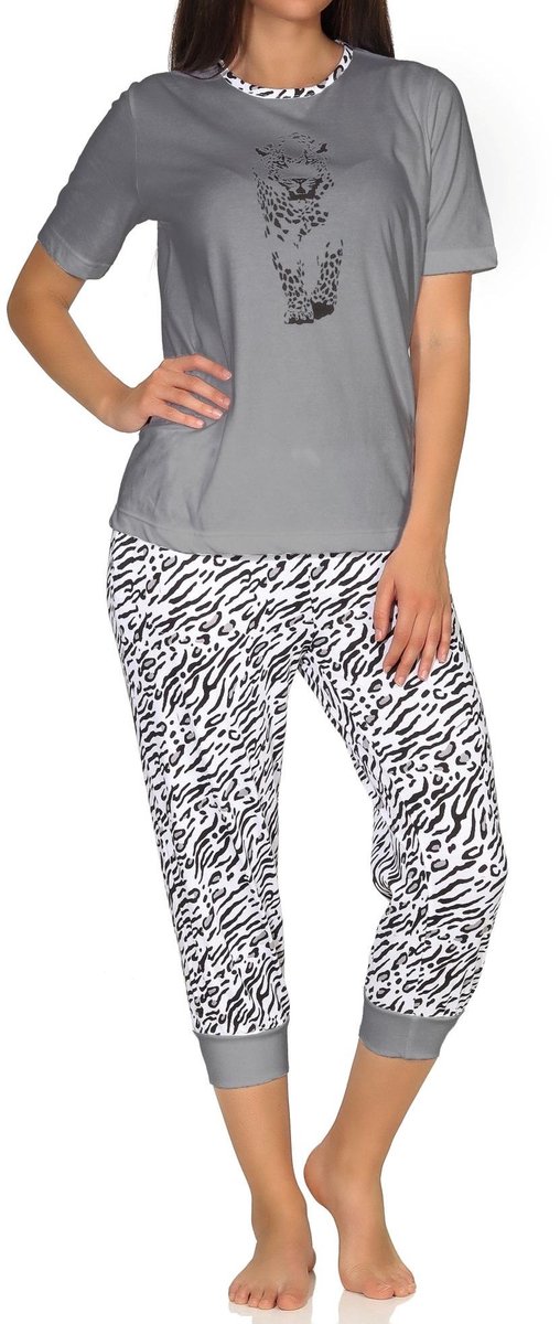 Normann Capri pyjama korte mouw pyjama, capri broek met manchetten, tijger motief, ook in oversized grau