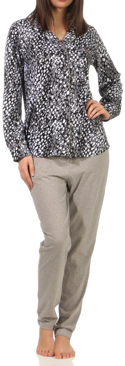 Normann Elegante damespyjama met lange mouwen om door te knopen in polka dot look grau