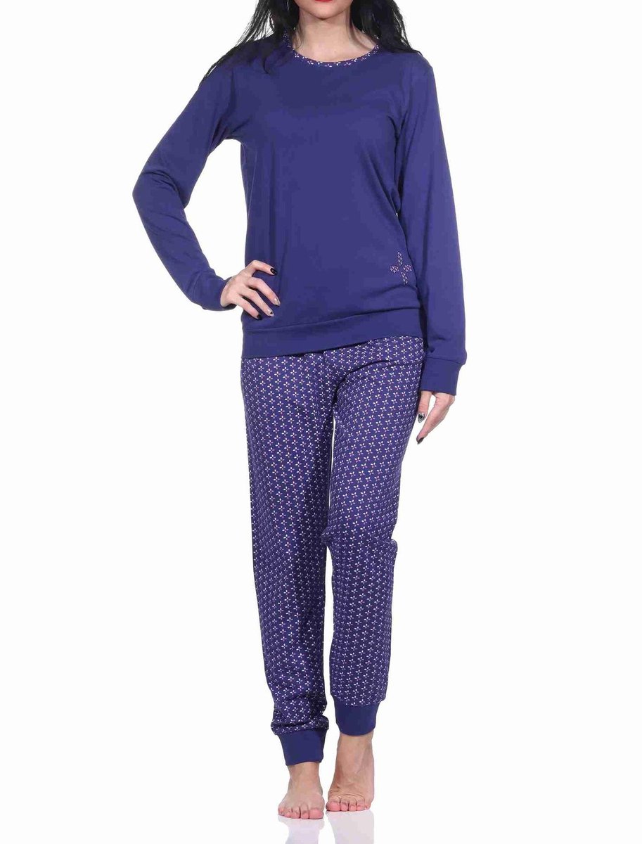 Normann Damespyjama met lange mouwen, manchetten en allover bedrukte broek - 222 201 10 781 navy