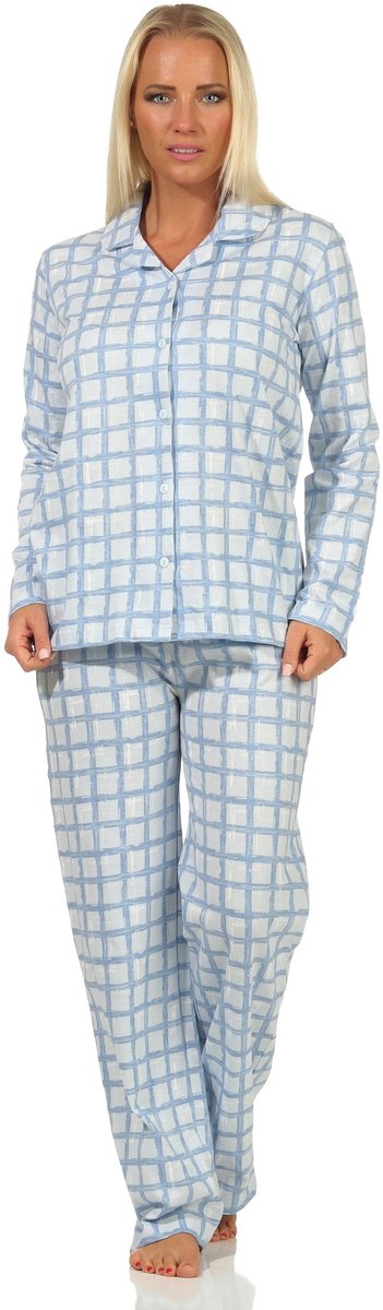 Normann Dames jersey pyjama met doorknoop in ruitjesoptiek - ook verkrijgbaar in oversize hellblau