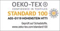 Oeko-Tex Standard 100 logo met tekst: 'Confidence in Textiles', 'Geprüft auf Schadstoffe'.