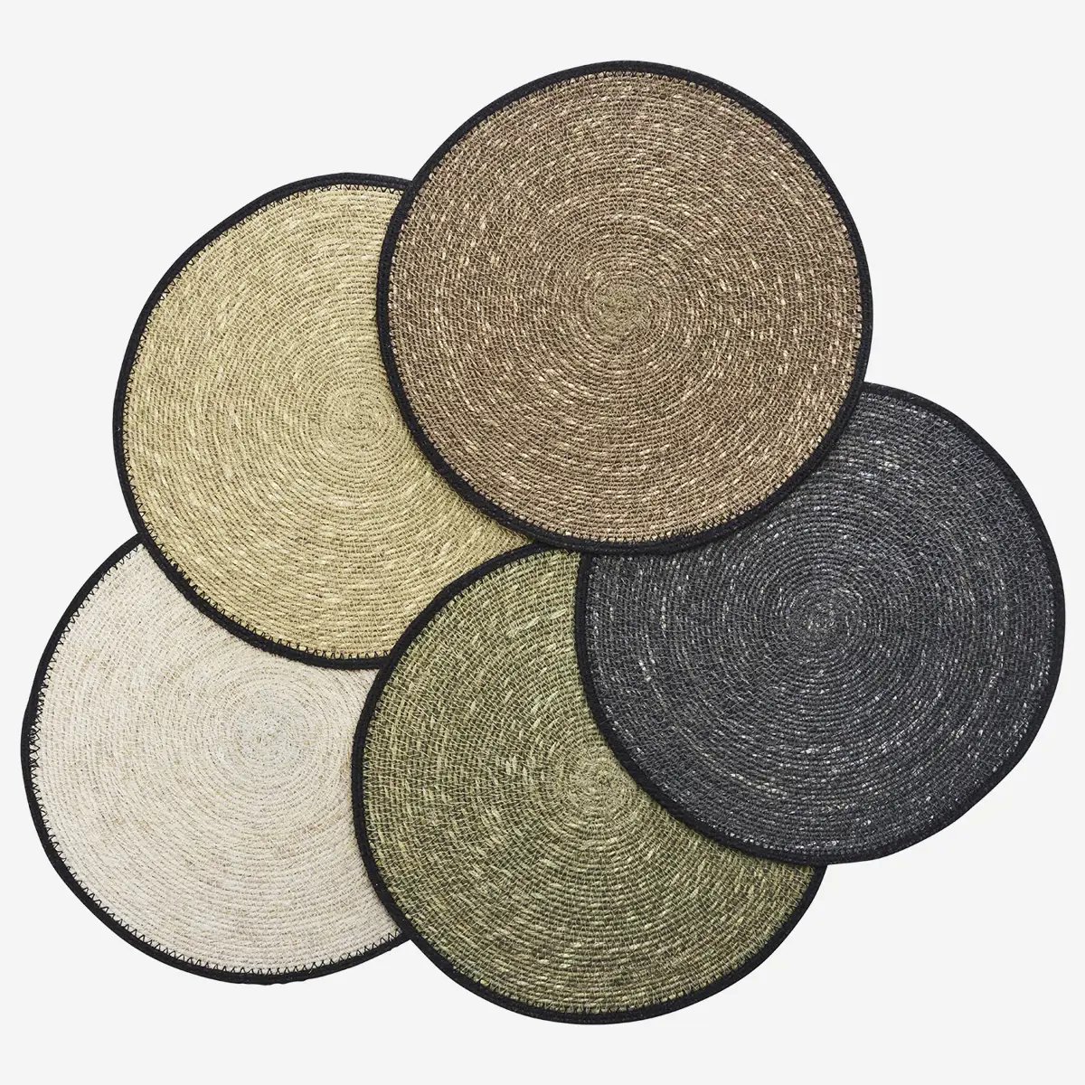 Madam Stoltz - Set van 5 Ronde Zeegras Placemats met Zwarte Rand - Koele Kleuren